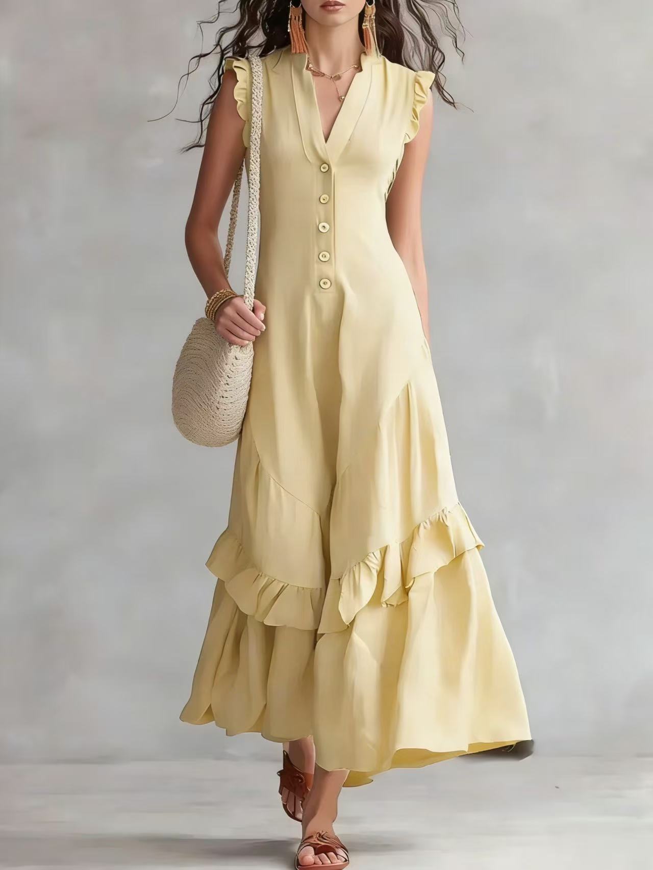 Boho Flowy Sleeveless Maxi Dress V-Neck Button-Front Ruffle Hem A-Line Skirt